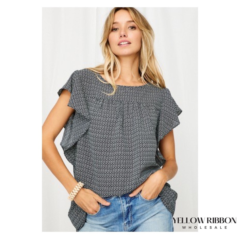 NEW Black Geo Print Flounce Short Sleeve Top